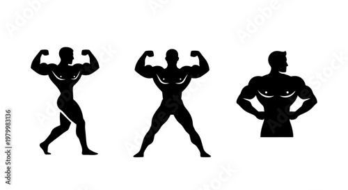 Bodybuilder silhouette vector set, muscular male athlete posing icons, fitness gym logo elements, black strength training figures on white background