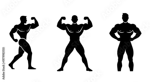 Bodybuilder silhouette vector set, muscular male athletes posing for fitness competition, black gym icons of strong men with defined muscles