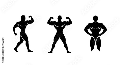 Bodybuilder silhouette vector set, muscular male athlete posing icons, fitness and bodybuilding competition graphics, black strength training figures