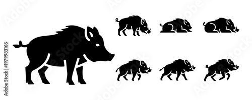 Wild boar silhouette icons set, black forest pig vector graphics, 7 hunting animal elements, feral hog silhouettes for logo design and outdoor branding