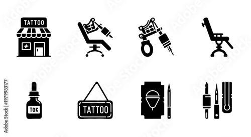 Tattoo shop icon set with professional equipment. Black solid tattoo parlor symbols including machine, chair, and ink bottle. 8 vector glyph icons.