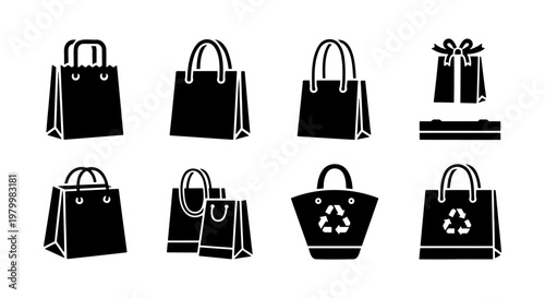 Black shopping bag icons set, retail paper bags with handles and recycle symbols, 8 vector silhouettes for commercial packaging and e-commerce