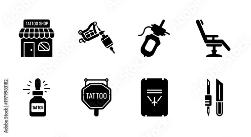 Tattoo shop icon set with 8 black solid vector elements, professional tattooing equipment and studio symbols, minimalist body art parlor graphics