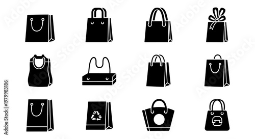 Minimalist shopping bag icons, 12 black vector silhouettes of paper and plastic bags, retail packaging and eco-friendly grocery bag set