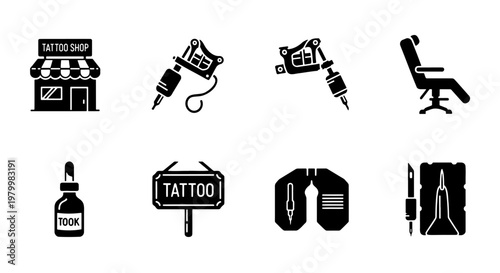 Tattoo shop equipment icons set, professional tattooing tools and studio supplies, black solid vector symbols for parlor branding and signage