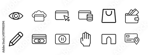 Digital wallet payment and financial management line icon set