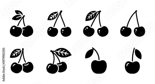 Minimalist cherry icon set, black silhouette fruit symbols with leaves, 8 vector cherry elements for food branding and web design