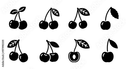 Black cherry icon set, 8 minimalist fruit vector elements, organic berry silhouettes with leaves, flat food symbols for menu design