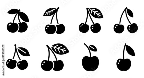 Minimalist cherry icon set, black silhouette fruit vector elements, collection of 8 sweet cherry symbols for food branding and menu design