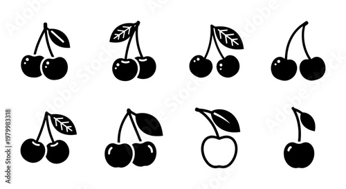 Minimalist cherry icon set, black silhouette fruit symbols, collection of 8 vector cherry illustrations for food branding and web design