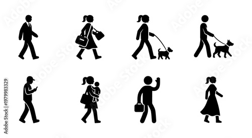 Minimalist walking people icons set, black silhouette figures of pedestrians in motion, 8 vector elements of men and women commuting and dog walking