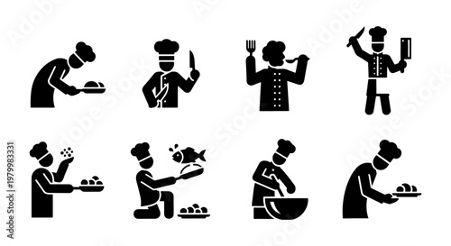 Professional chef silhouette icons, set of 8 culinary expert vector elements, restaurant kitchen staff cooking and food preparation symbols