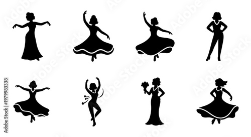 Vintage dancing woman silhouette collection, set of 8 retro female dancer icons, elegant lady in evening gown and ballroom dress vector illustrations