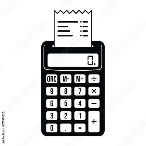 Black and white illustration of a calculator with a receipt