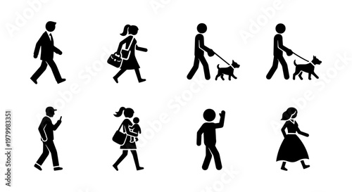 Walking people silhouette icons, set of 8 pedestrian stick figures, men and women walking dogs and carrying bags, urban lifestyle vector elements