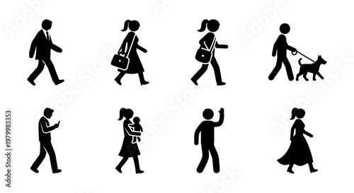 Minimalist black silhouette people icons, walking pedestrian figures set, urban lifestyle human pictograms for wayfinding and signage design