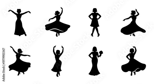 Vintage dancing woman silhouette collection, set of 8 retro female dancer icons, elegant lady in dress performing ballroom and swing dance moves