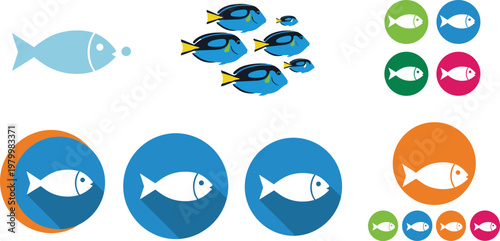 Fish icon and tropical fish vector set featuring colorful marine fish symbols, swimming fish group and ocean aquatic animal illustrations