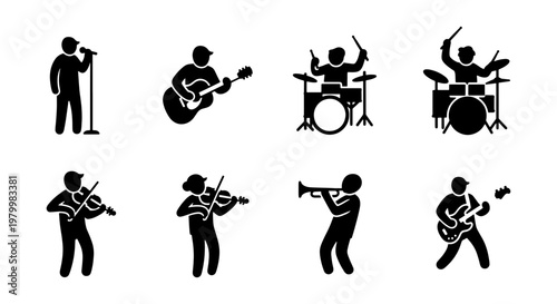 Musician silhouette icon set, 8 black pictograms of band members playing instruments, singer and drummer vector graphics for concert posters