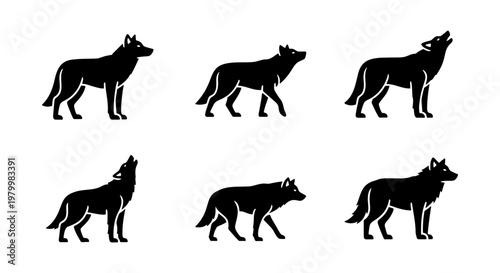 Black wolf silhouette vector set, howling and walking timber wolf icons, wild predator animal silhouettes for logo design and outdoor branding