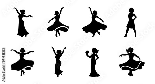 Elegant dancing woman silhouette collection, 8 vector female dancer icons in graceful poses, black ballroom and salsa performer figures on white background