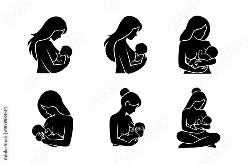 Breastfeeding mother silhouettes, set of 6 nursing woman vector icons, maternal care and newborn feeding illustrations for healthcare and parenting