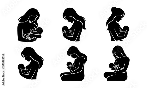 Breastfeeding mother silhouette icons, set of 6 vector illustrations of woman nursing baby, maternal health and newborn care graphics