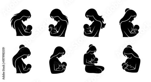 Breastfeeding mother silhouettes, set of 8 nursing woman icons, black maternal health vector graphics for parenting blogs and clinics
