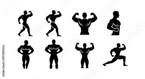 Bodybuilder silhouette icons set, muscular male fitness athlete posing vectors, 8 bodybuilding gym figures, black man powerlifting symbols