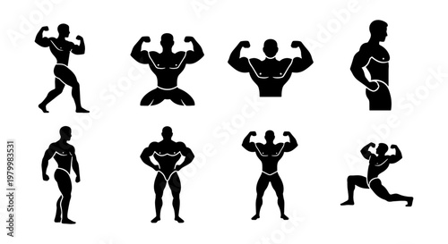 Bodybuilder silhouette icon set, muscular male athlete posing collection, 8 fitness gym workout vector symbols for bodybuilding competition