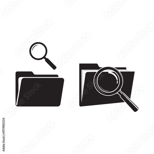 Black icons of folders with magnifying glasses on for search concept