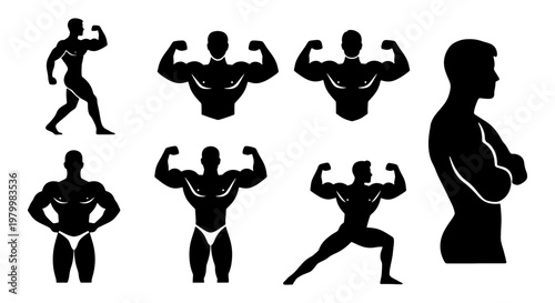 Bodybuilder silhouette collection, muscular male fitness icons, 7 vector athlete poses for gym branding and bodybuilding competition graphics