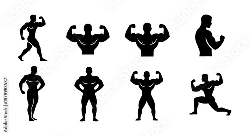 Bodybuilder silhouette collection of 8 vector icons, muscular male fitness athlete posing set, black gym workout and bodybuilding figures