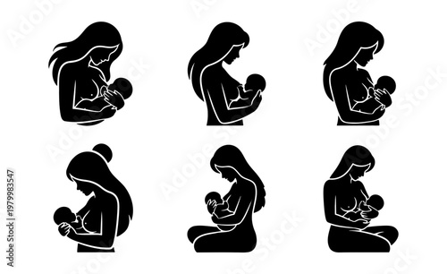Breastfeeding mother silhouettes, set of 6 nursing woman icons, maternal care and newborn feeding vector illustrations for healthcare and parenting