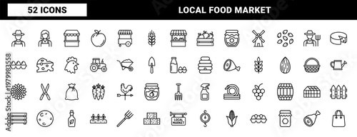 Organic farm and market line icons set