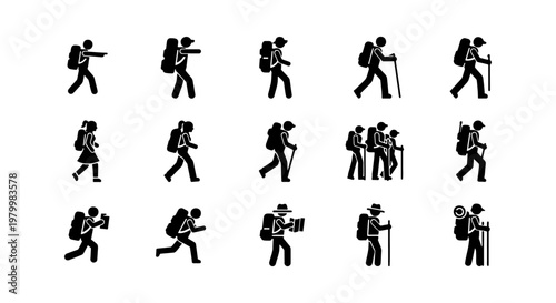 Hiking and backpacking stick figure icons, set of 15 black silhouette hikers with backpacks, trekking and mountaineering people vector elements