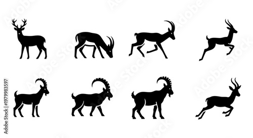 Black animal silhouettes of deer and mountain goats, set of 8 vector icons, wild horned animals including ibex and gazelle in various poses