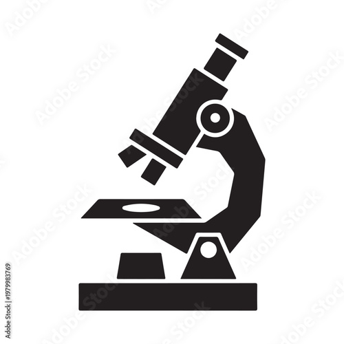 A striking black icon depicts a microscope highlighting scientific tools as a silhouette