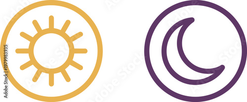 Golden sun and violet crescent moon icons representing day and night cycle weather forecast symbols
