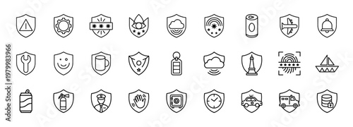 Cyber security and data protection shield outline icon set