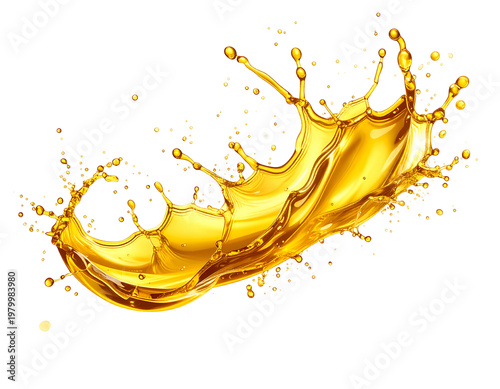 Golden liquid splashes dynamically against a white background
