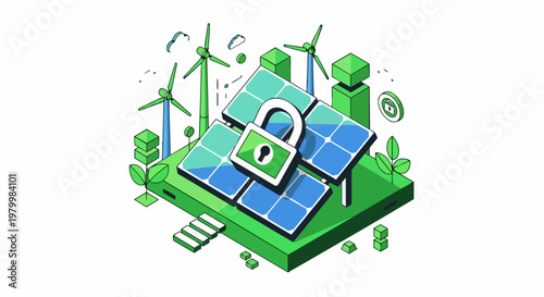 Secure Renewable Energy Infrastructure Isometric Concept with Solar Panels, Wind Turbines, and Padlock for Cybersecurity Protection