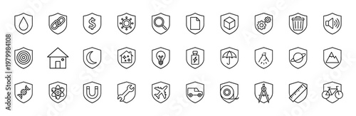 Security and protection shield outline icon set for web and interface design