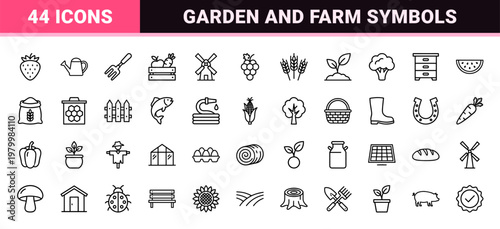 Organic farming and agriculture minimalist outline icon set