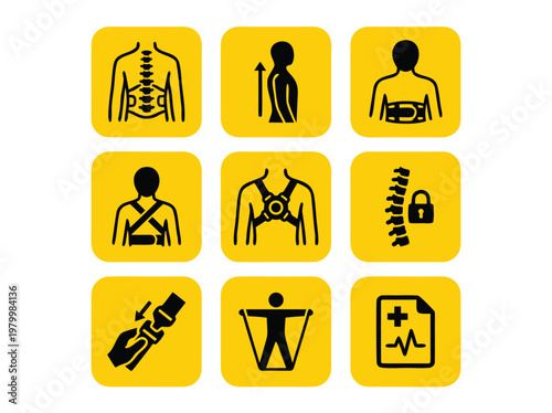 Set of posture correction and spine health icons.