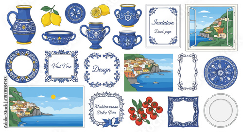 Mediterranean ceramic collection with blue majolica pottery, Italian coastal landscapes and lemon illustrations, 21 vector elements for wedding design