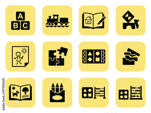 Set of preschool and kindergarten educational toy icons.