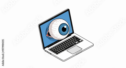 Cybersecurity and Surveillance Concept Illustration: Giant Eyeball Watching Through a Laptop Screen, Representing Digital Privacy and Internet Monitoring
