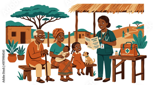 A doctor leads a medical discussion with a family in a rural village setting.