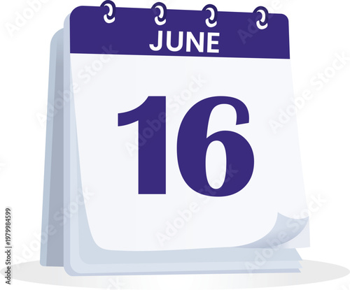 June 16 Calendar Icon with Purple Desk Flip Design, Minimal Date Reminder Illustration for Schedule Planning, Event Organizer Concept, Clean Modern Vector Style
